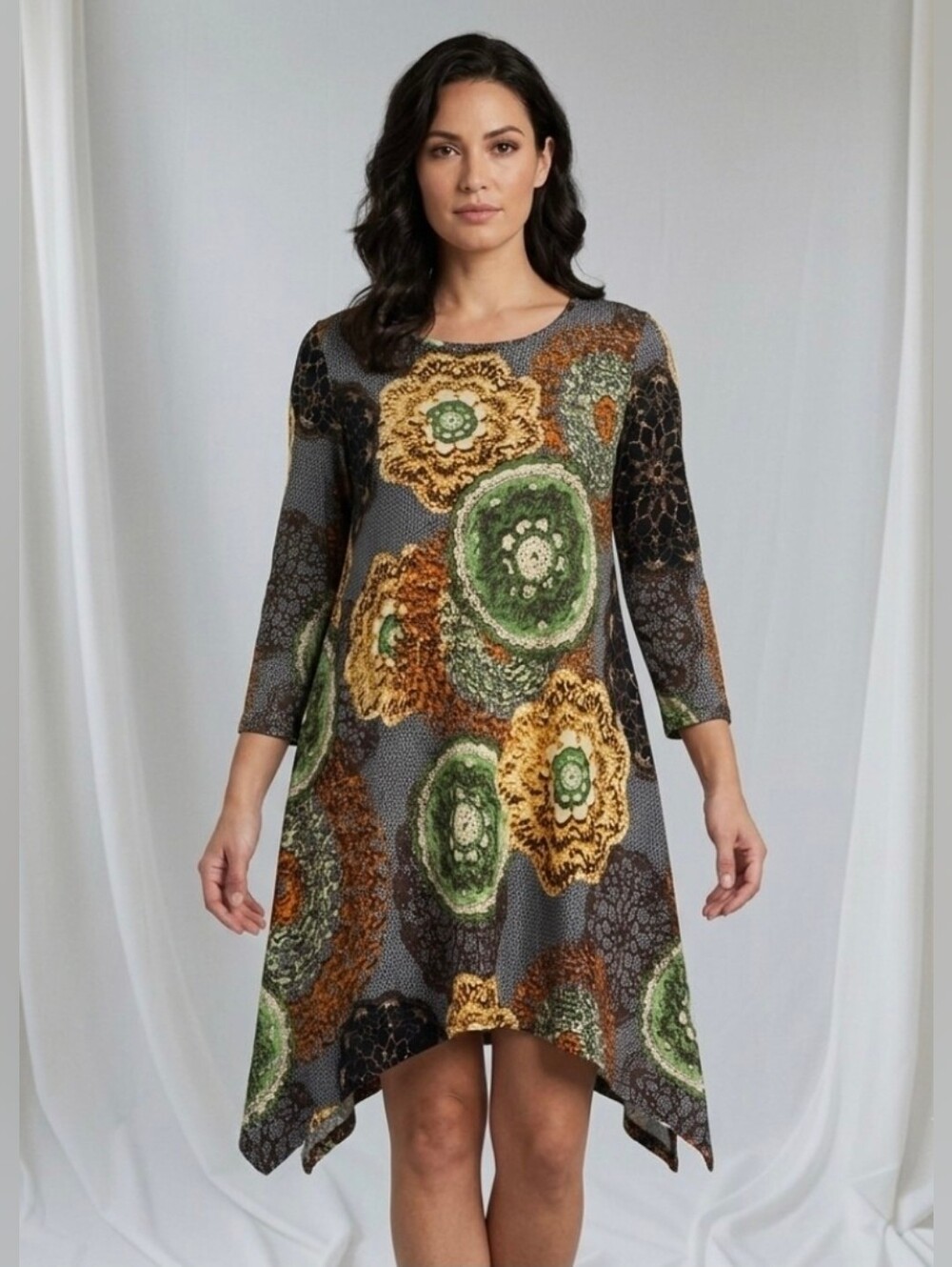 Lbisse Dress Top Shirt Size L Large Flowly Flare Stretch Silk Feel Long Sleeve